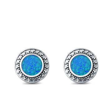Round Stud Earrings Lab Created Blue Opal 925 Sterling Silver (12mm)